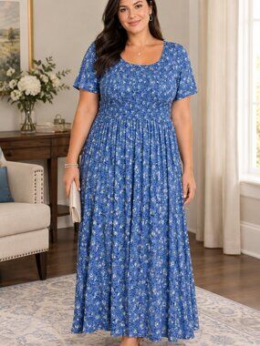 Jacque & Koko Together Shirred Maxi Dress Size 20 Blue Shirred Party Wedding Vtg